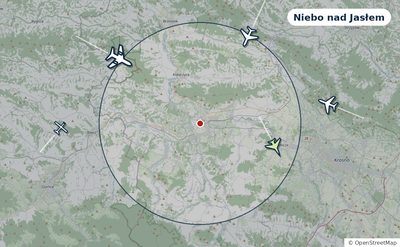 Mapa okolic miasta z sylwetkami samolotów — Niebo nad Jasłem na żywo