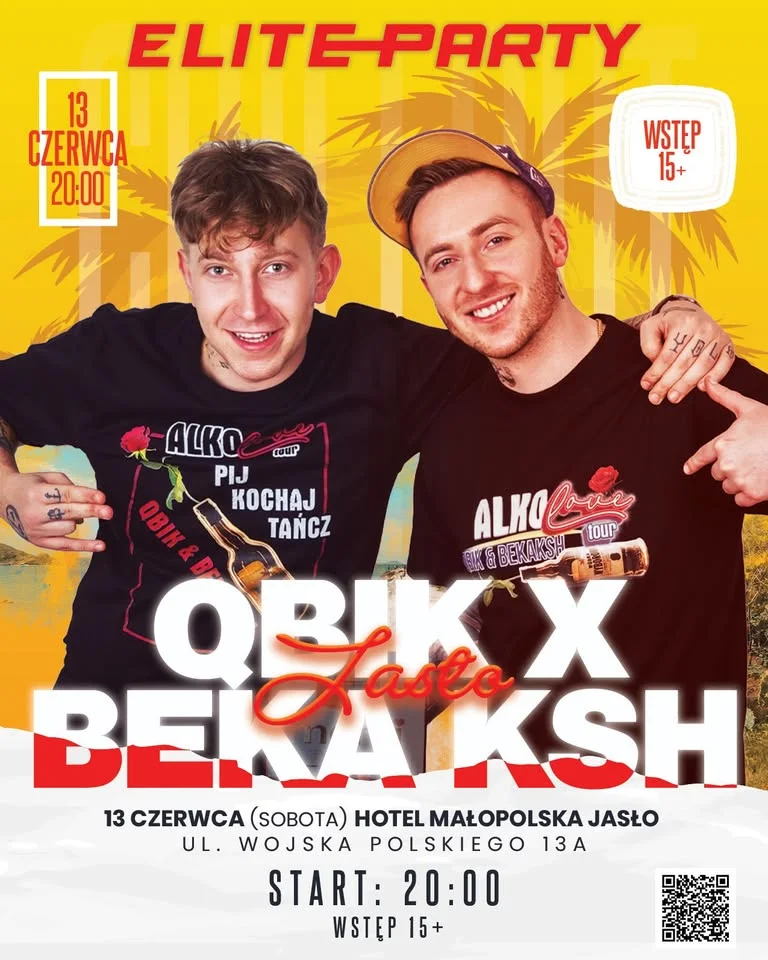 Grafika promocyjna wydarzenia QBIK x BEKA KSH w Jaśle — koncert pełen hitów i imprezowej energii