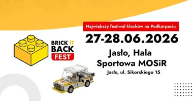 Grafika promocyjna wydarzenia Brick it Back Fest Jasło — kreatywne rozpoczęcie wakacji 27–28 czerwca