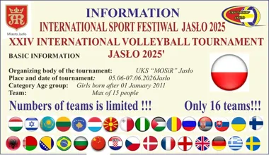Grafika promocyjna wydarzenia SPORTS FESTIVAL Jasło 2026 — XXV Międzynarodowy Turniej Piłki Siatkowej Dziewcząt